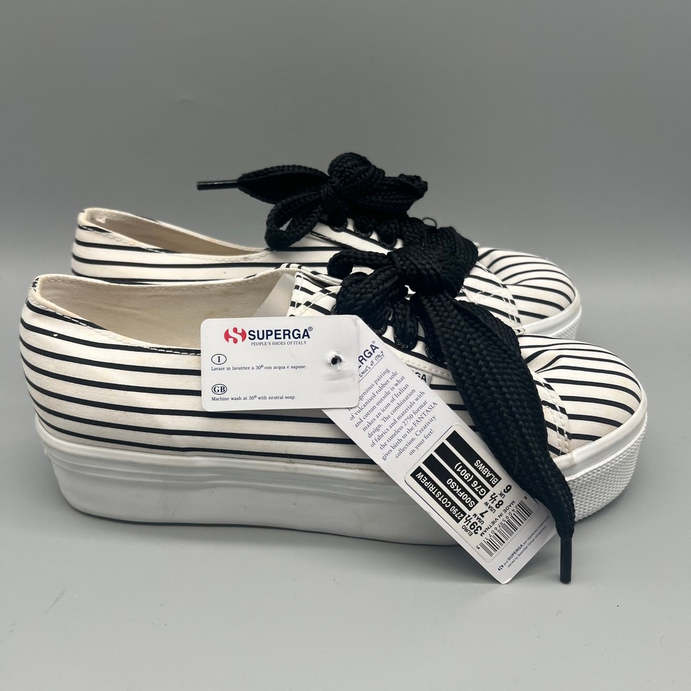 Superga Women's Platform Sneakers in Black and White Stripes - Picture 2 of 7